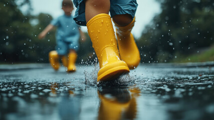children playing in a puddle in the rain