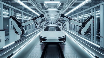 Obraz premium A futuristic car assembly line featuring robotic arms working on an electric vehicle.