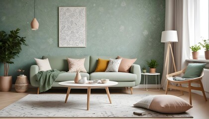 Scandinavian living room interior design zoom background,Doodle patterned wallpaper graphics