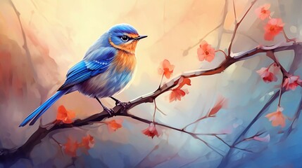 A vibrant bluebird perched on a branch with delicate pink flowers against a soft, colorful background.