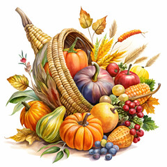 A beautiful watercolor illustration of a Thanksgiving cornucopia, filled with seasonal produce, celebrating harvest.
