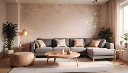 Scandinavian living room interior design zoom background,Doodle patterned wallpaper graphics