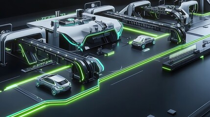 Obraz premium A futuristic automated vehicle assembly line with neon accents and advanced technology.