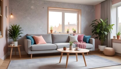 Scandinavian living room interior design zoom background,Doodle patterned wallpaper graphics