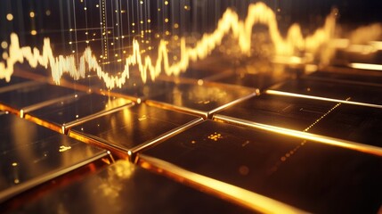 Abstract Digital Background with Golden Patterns, Financial Data Representation and Bright Light Waveform on Shiny Golden Tiles for Technology and Finance Concepts