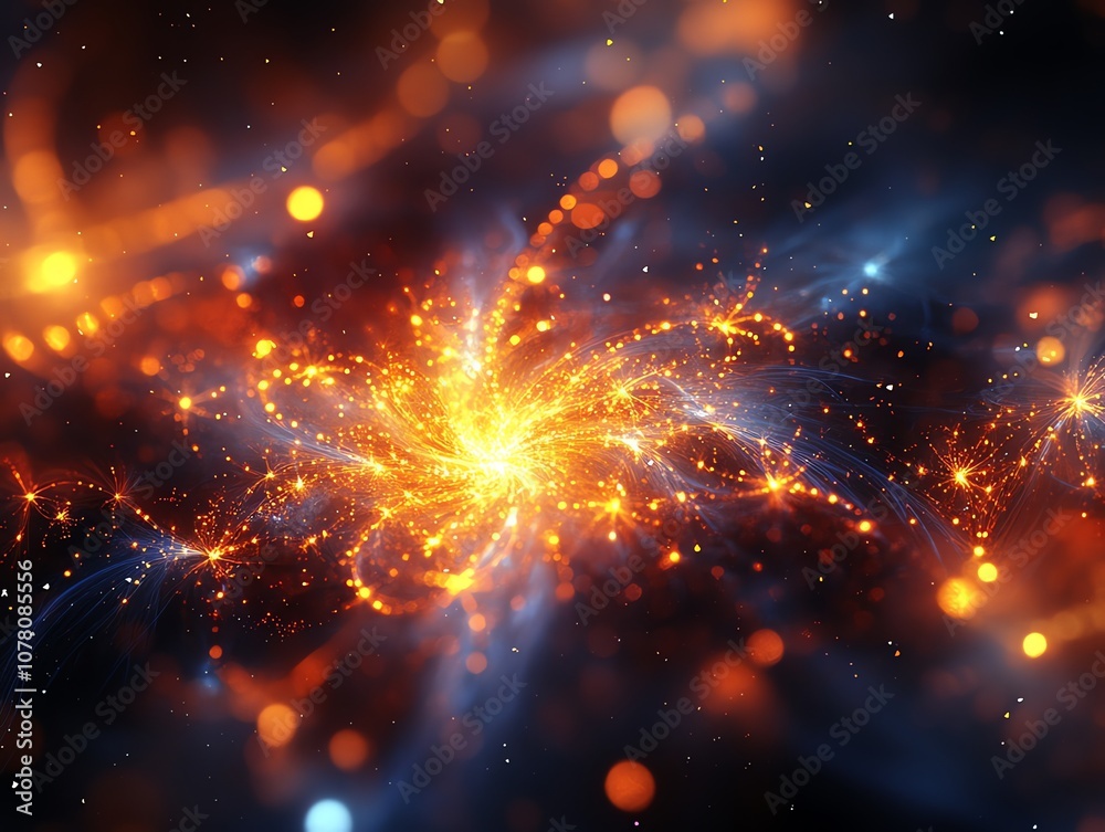 Poster Abstract background with glowing lights and swirling patterns in shades of orange and blue.