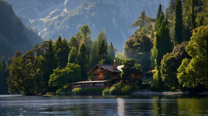 Naklejka premium Nestled chalet on the lake flanked by tall trees and green surrounds