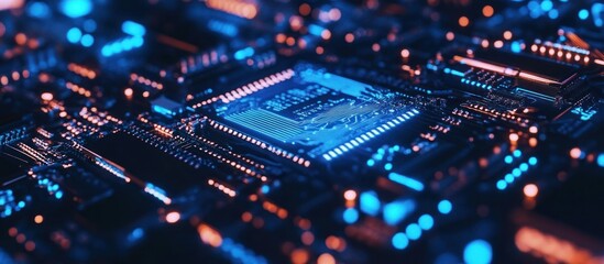 Obraz premium A close-up view of a circuit board with glowing components, showcasing technology and innovation.