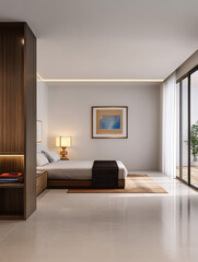 Fototapeta premium Modern bedroom interior design featuring natural light and minimalist decor in a serene setting