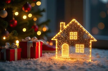 Naklejka premium Transparent gold luminous symbol of house and a gift box under Christmas tree on Christmas background with golden glitter. Real estate, realtor, mortgage, insurance, booking.