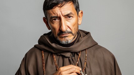 A Spanish friar in a brown robe thoughtfully holds a rosary close to his chest, set against a soft light backdrop