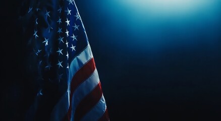 This image showcases the American flag with stars and stripes, captured in a dimly lit setting that evokes a sense of patriotism and solemn reflection.