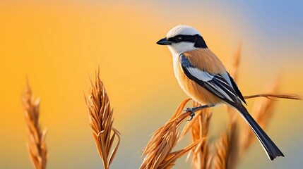 A colorful bird perched on golden wheat against a soft, blurred background.