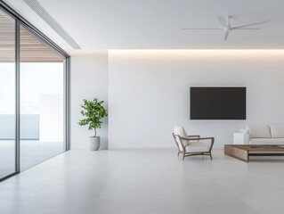 Fototapeta premium Modern minimalist living room with large windows and natural light during the day