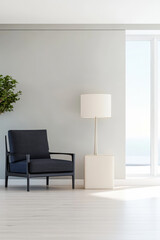 Fototapeta premium Modern living room with a stylish chair, floor lamp, and large windows allowing natural light