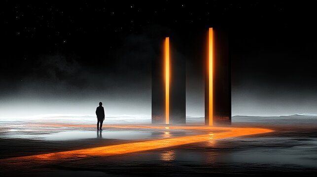 A solitary figure stands before two glowing monoliths in a surreal landscape, surrounded by mist and darkness, evoking a sense of mystery and the unknown.