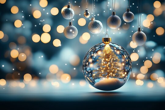 Weihnachtsbaum in einer Weihnachtskugel aus Glas, Gläserne Christbaumkugel mit leuchtendem Tannenbaum, blauer Hintergrund mit Schneeflocken und warmen Lichtern