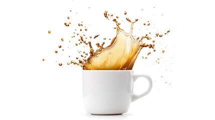 A white coffee cup with a brown liquid splashing out of it against a white background.