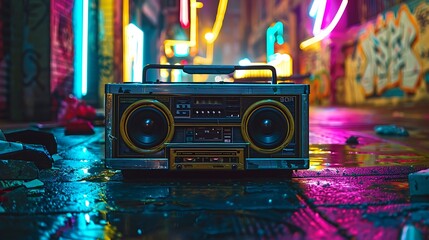 Fototapeta premium Old boombox rapper tunes in a spot with rainbow neon