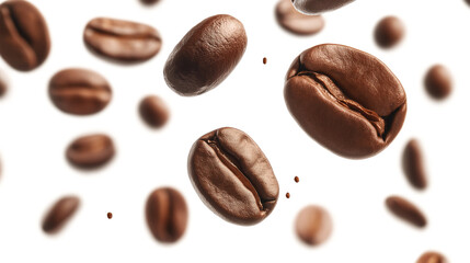 Falling roasted coffee beans isolated on a white background