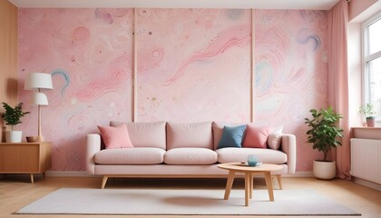 Scandinavian living room interior design zoom background,Doodle patterned wallpaper graphics