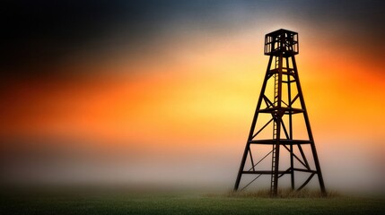 Silhouette of a Vintage Oil Derrick Tower Against a Beautiful Sunset Sky with Orange, Blue, and Black Hues Reflecting in the Evening Atmosphere on a Peaceful Rural Landscape