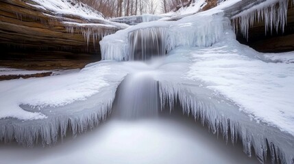 Obraz premium A serene winter scene of a frozen waterfall surrounded by icy formations and cliffs, creating a tranquil and picturesque landscape.
