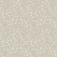 Seamless floral pattern, neutral colors, elegant design for fabric, packaging, and wallpaper, copy space