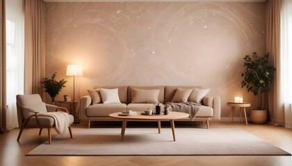 Scandinavian living room interior design zoom background,Doodle patterned wallpaper graphics