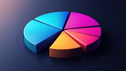 Obraz premium Vibrant 3D Pie Chart Representing Diverse Data Segments in Bright Colors on a Sleek Dark Background for Business and Marketing Analysis