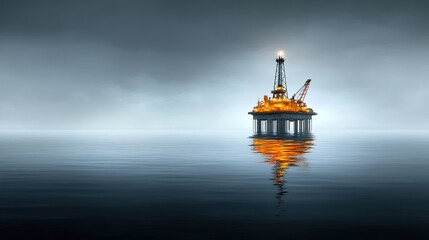 Obraz premium Serene Oil Rig in Misty Waters: A Dramatic Seascape Capturing the Peaceful Presence of an Offshore Platform at Dusk Illuminated by Soft Golden Lights
