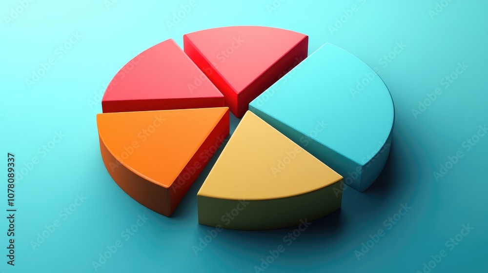 Poster colorful three-dimensional pie chart segments displaying data visualization concept in modern and mi