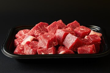 A tray of raw, cubed beef pieces ready for cooking or preparation.