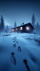Fototapeta premium A serene winter scene featuring a cabin illuminated by warm light, surrounded by snow and pine trees, with fresh footprints leading towards it.