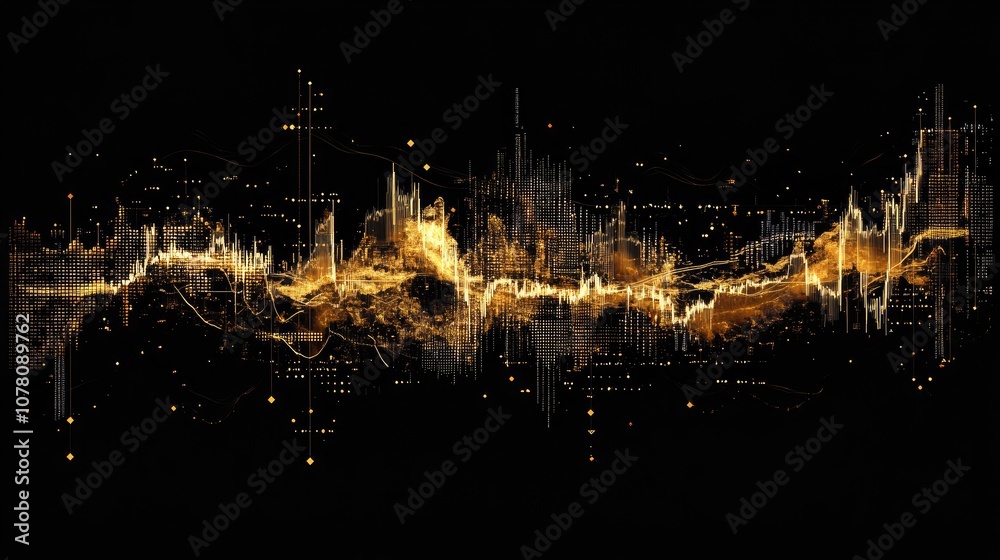 Aufkleber abstract digital visualization of golden waves and data patterns representing sound frequencies and 
