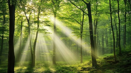 Fototapeta premium Sunlight Streaming Through Lush Green Trees in a Serene Forest Setting with Vibrant Foliage and Mystical Atmosphere Created by Nature's Beauty