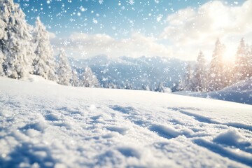 Obraz premium a snow-covered landscape with a bright blue sky and sun in the background.