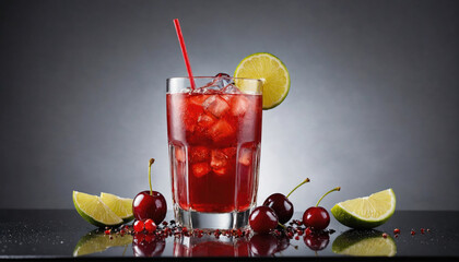 A cherry limeade cocktail with ice in a glass with a lime wedge and cherries on the table