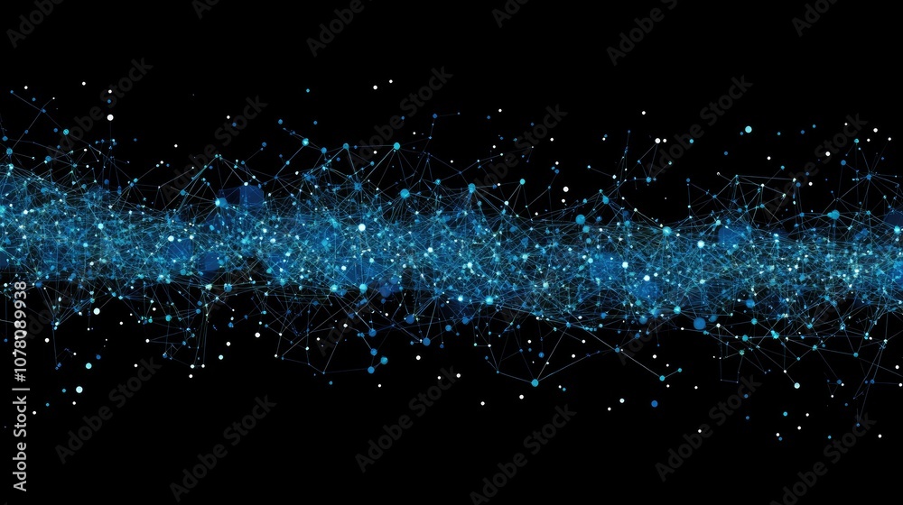 Poster abstract digital background with blue and white particles connected by lines representing a network 