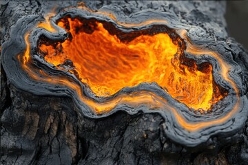 Obraz premium Close-up of molten lava texture with bright, fiery contrast, capturing the intense and dynamic flow of volcanic magma.