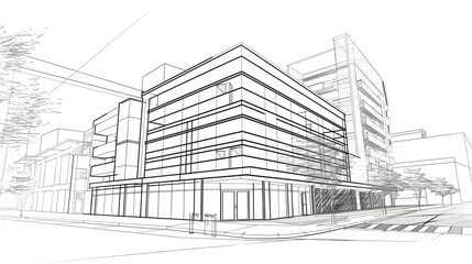 Fototapeta premium Black and White Urban Building Outline - a minimalist and striking visual. The monochromatic drawing highlights the architectural elegance and outlines the urban landscape in a bold manner.