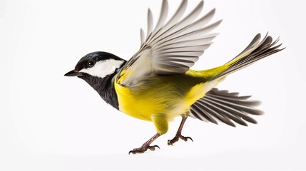 Naklejka premium A colorful bird in mid-flight, showcasing its vibrant yellow and black plumage against a white background.
