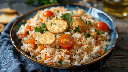 On a blue dish rice with crackers and tomatoes