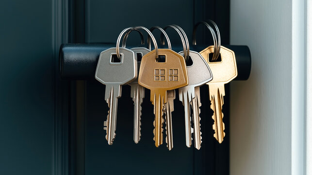 A close-up of several metallic keys hanging on a hook attached to a dark textured surface. The keys are of various sizes and shapes, with one featuring a symbol resembling a house.