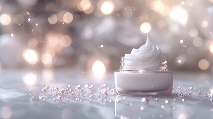Elegant Skin Cream Jar on Marble Surface with Bokeh Background and Glittering Accents for Beauty and Skincare Stock Photography