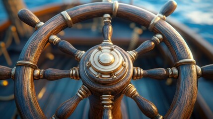 Close-up of a classic wooden ship's wheel with brass accents.
