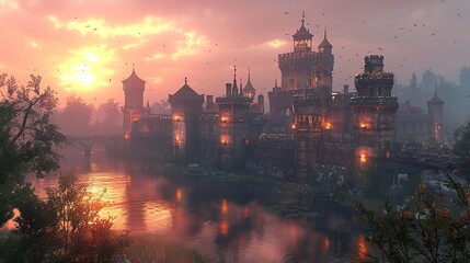 Naklejka premium Majestic Medieval Castle at Sunset with a Stone Bridge and River