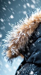 Fototapeta premium A snowy scene featuring a close-up of a black winter coat with fur trim, highlighting the falling snowflakes against a cool background.