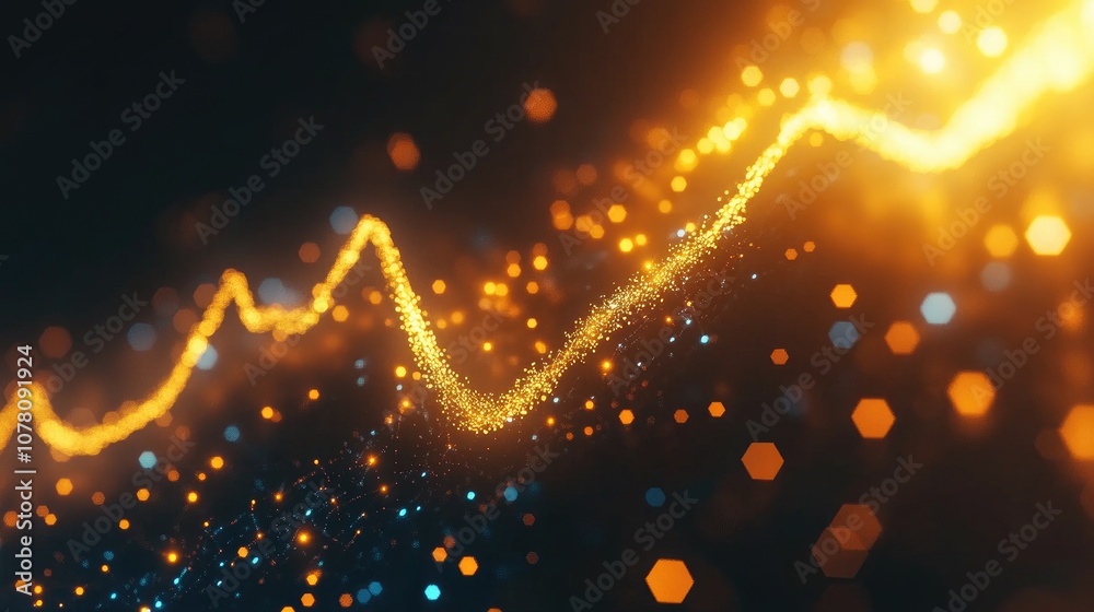 Poster abstract glowing line chart with sparkling particles and dynamic colors representing growth, data an