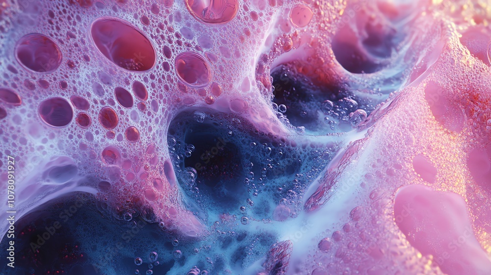 Poster abstract macro close-up of pink and blue bubbles in a liquid.
